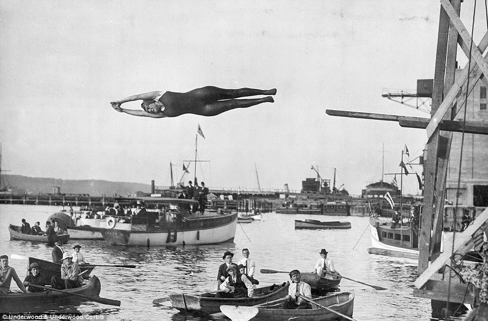 Miss Elsie Henneman dives into the water near the Hudson River Yacht Club.