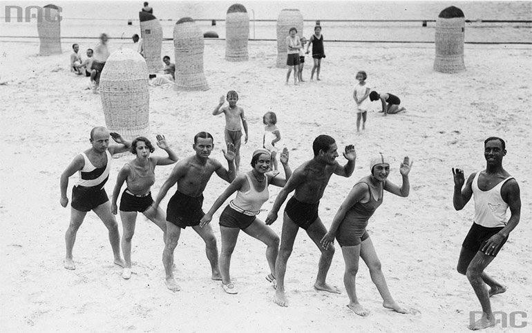 A dance class on the beach, 1930.