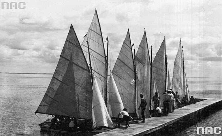 Sailboats in a harbour, Narocz lake, 1930.