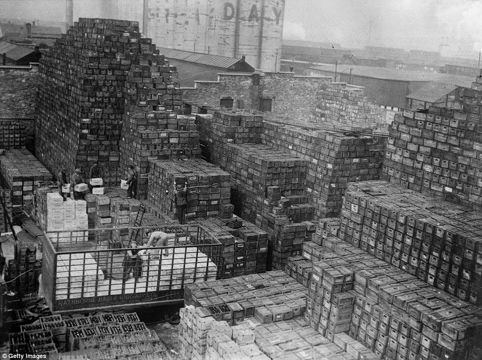 Crates of beer are stacked at a brewery in New York shortly after the end of prohibition