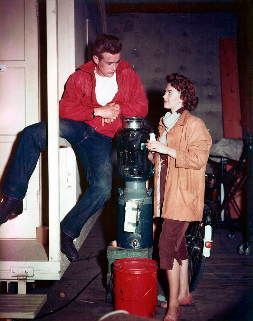 ames Dean and Natalie Wood on the set of Rebel without a Cause.