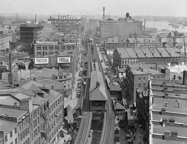 Atlantic Ave. showing elevated station at Rowe's Wharf, from U.S. Custom Appraisers' stores, 1932