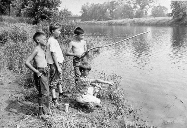 Boys fishing in the Raritan River behind the Johns Manville plant in Manville, 1948