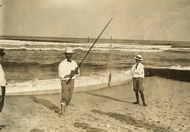 Gents dressed well for surf fishing on the beach at Belmar, 1942