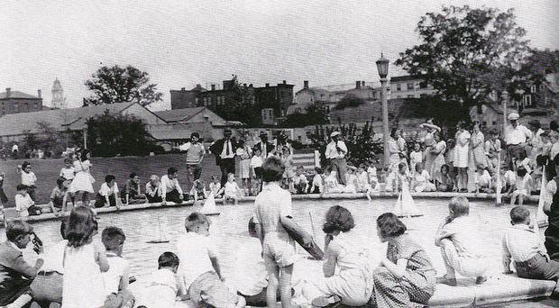 Children's sailboat race in the wading pool at Memorial Field in East Orange, 1937