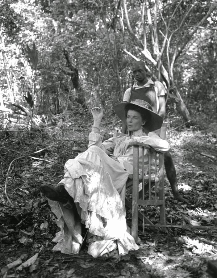 Katharine Hepburn enjoys a moment away from the filming of The African Queen.