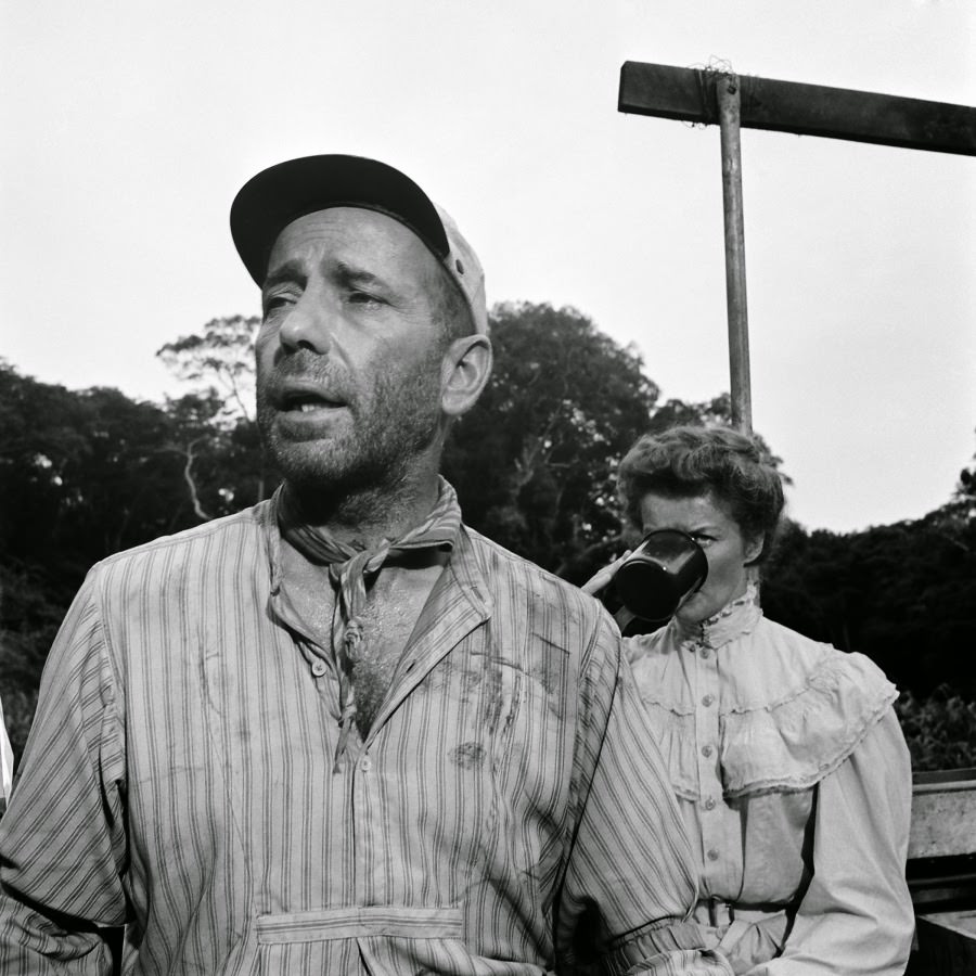 Humphrey Bogart and Katharine Hepburn on location in Africa for the filming of The African Queen, 1951.