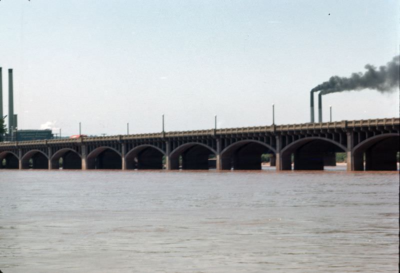 The Route 66 Arkansas River bridge in, Tulsa, Oklahoma, late 1940s