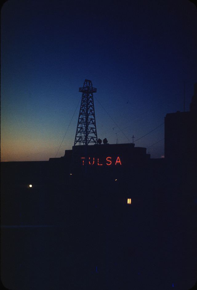 Tulsa welcome sign and oil derrick, old Tulsa Airport, Tulsa, Oklahoma, September 1953