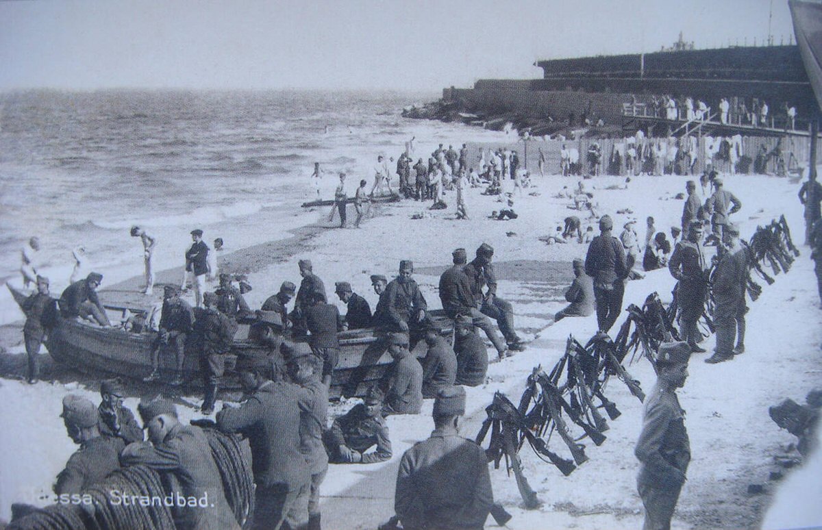Odessa WWI Austrian occupation forces bathing at Black Sea, 1918.