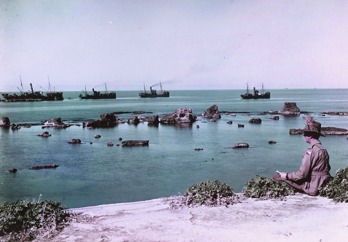 The Rocks of Andromeda, Jaffa, and transports laden with war supplies headed out to sea, 1918.