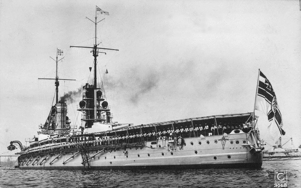 The German battleship SMS Kaiser on parade for Kaiser Wilhelm II at Kiel, Germany, circa 1911s.