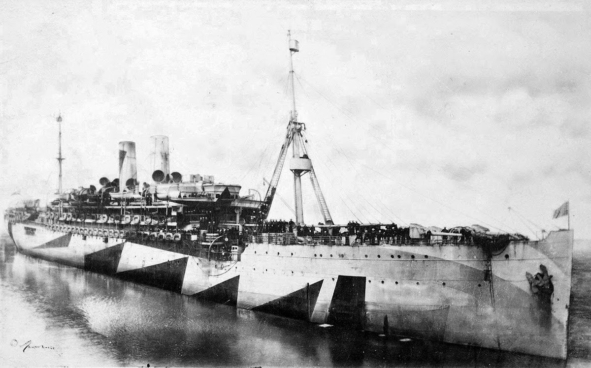The USS Pocahontas, a U.S. Navy transport ship, photographed in Dazzle camouflage, 1918.