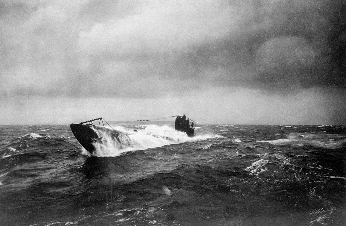 The former German submarine UB-148 at sea after being surrendered to the Allies, 1918.
