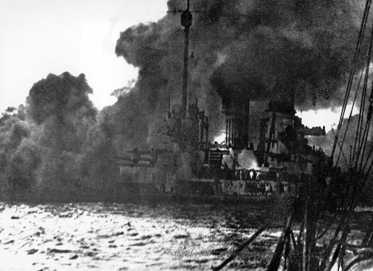 The German battle cruiser Seydlitz burns in the Battle of Jutland, May 1916.