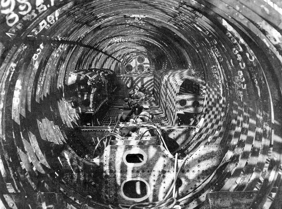 Interior of a British Navy submarine under construction, Clyde and Newcastle, 1918.
