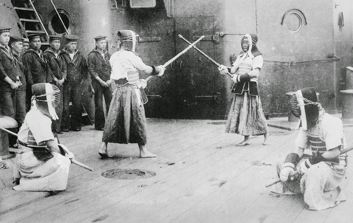 Fencing aboard a Japanese battleship, circa 1910s.