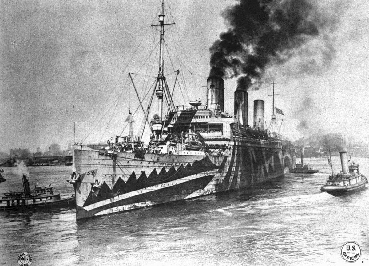The "Leviathan", formerly the German passenger liner "Vaterland", leaving Hoboken, New Jersey, for France, covered in Dazzle camouflage, 1918.