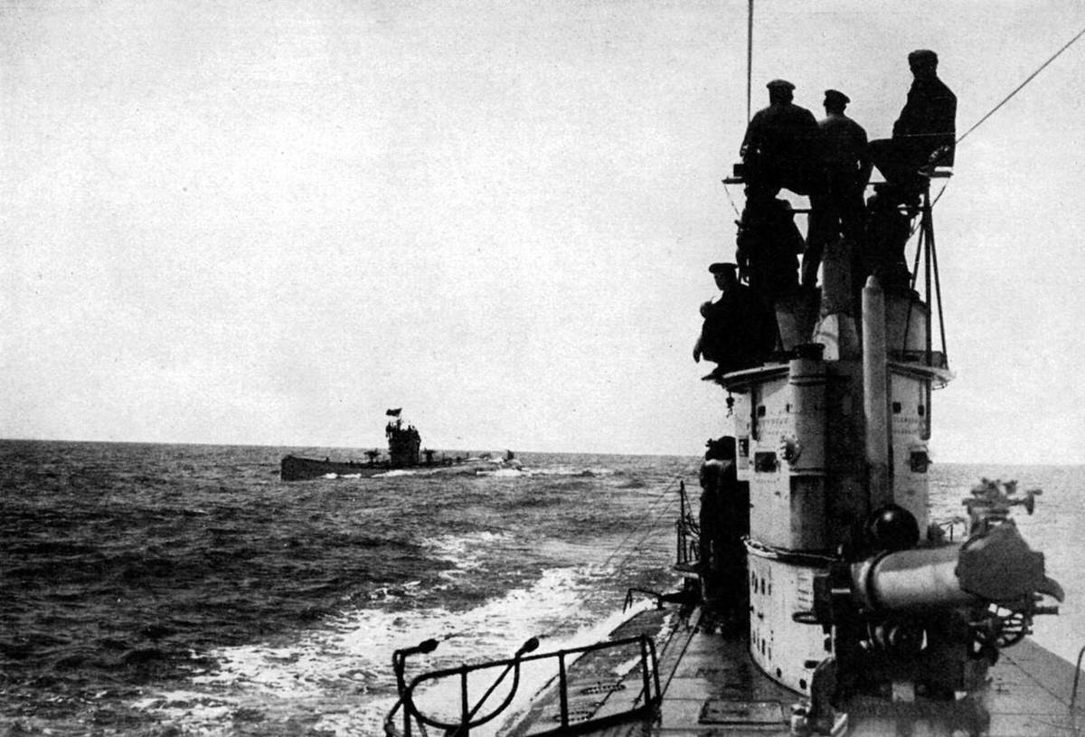 German submarine "SM U 52" meets "SM U 35" in the Mediterranean, circa 1916.
