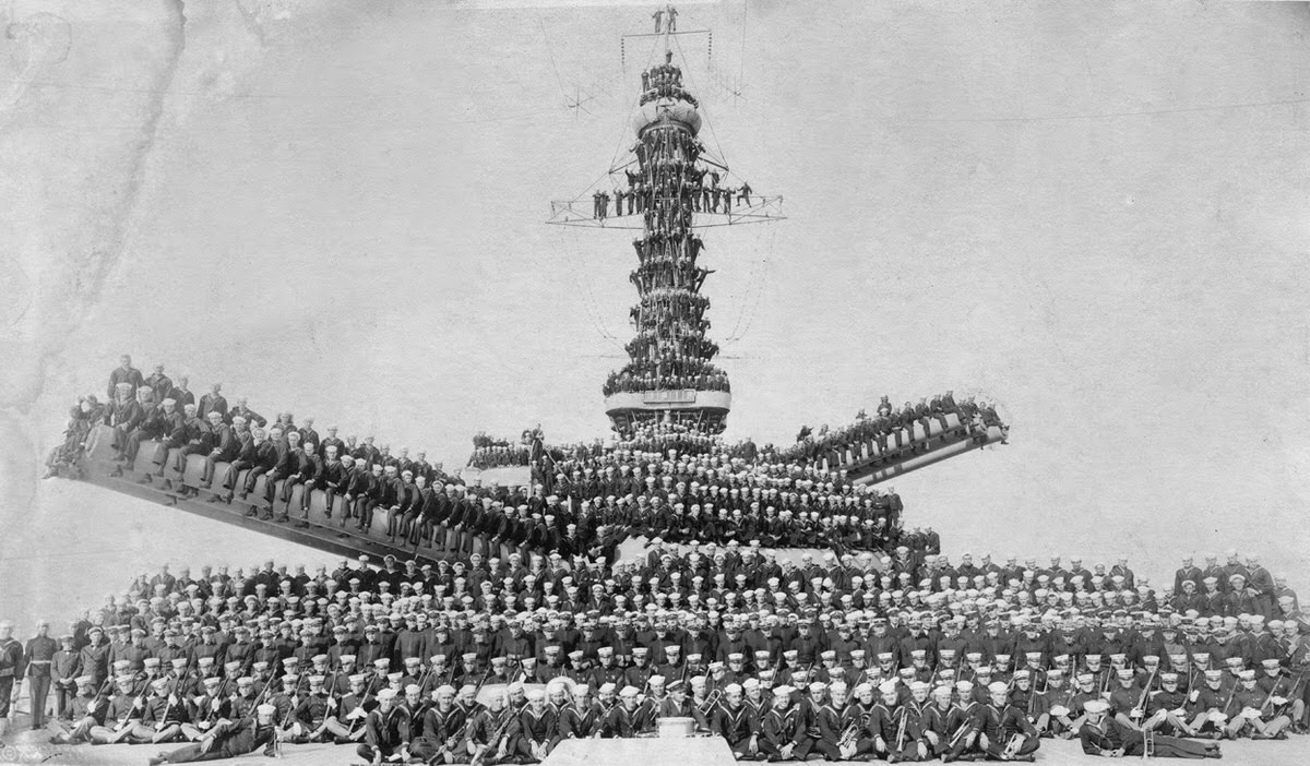 United States Marines and Sailors posing on an unidentified ship, likely either the USS Pennsylvania or USS Arizona, 1918.