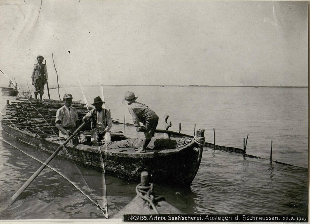 Adriatic Sea fishing, setting fishing traps, World War I, August 1918.