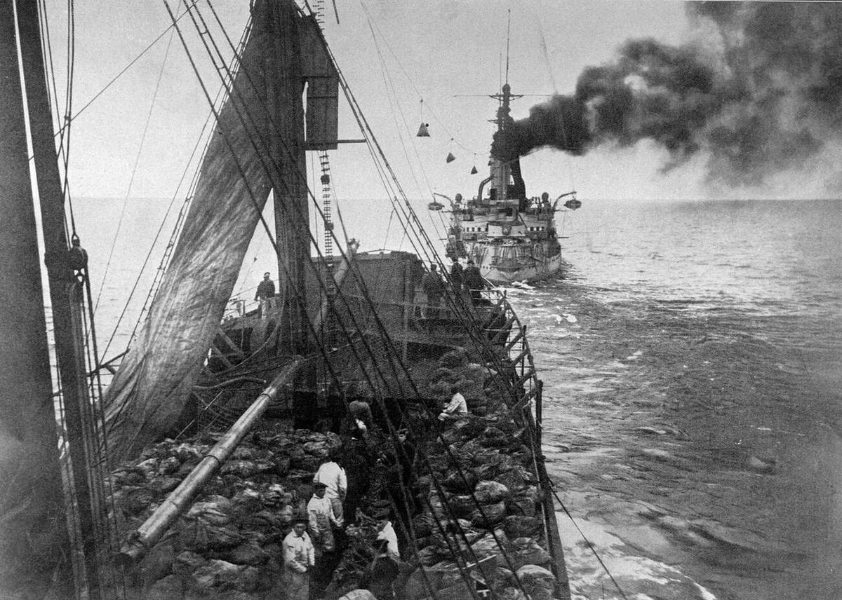 German Navy War ship coaling at sea, 1914.