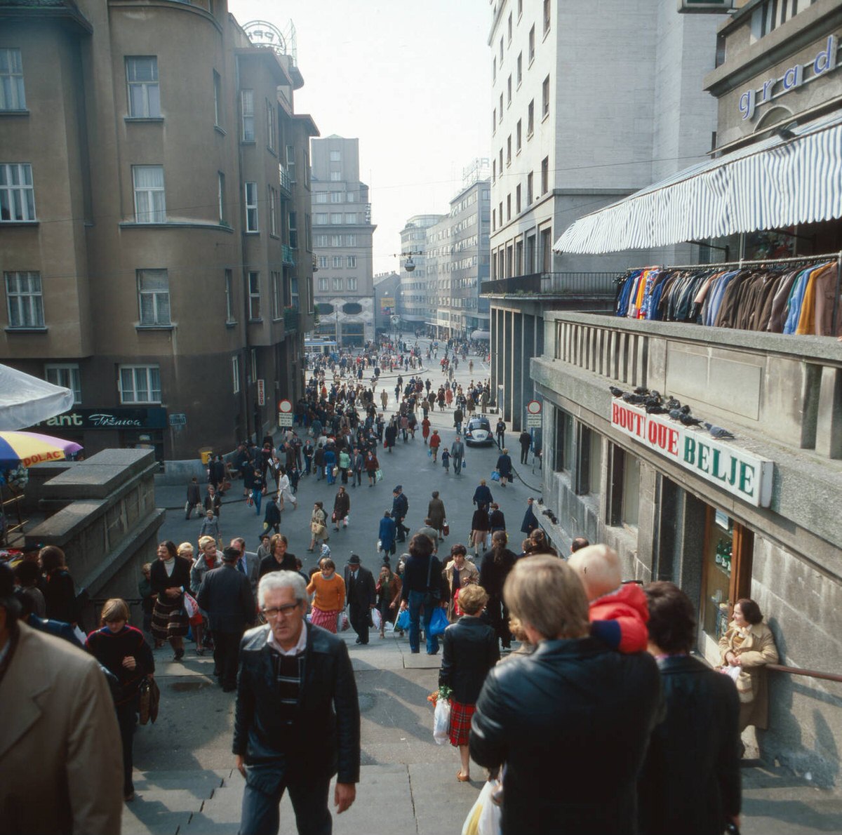 A shopping zone in Zagreb, Yugoslavia, 1970s.
