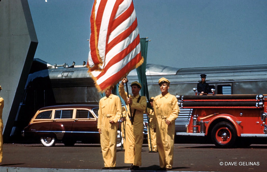 1949 Buick Woodie Wagon, Fire Truck, Rail Car, and American Flag at the Chicago Railroad Fair, with Gas Station Attendants as Color Guard, 1949