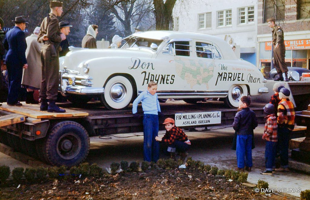 1949 Kaiser-Frazer with stunt man Don Haynes, "The Marvel Man," who had himself welded into his car, 1949
