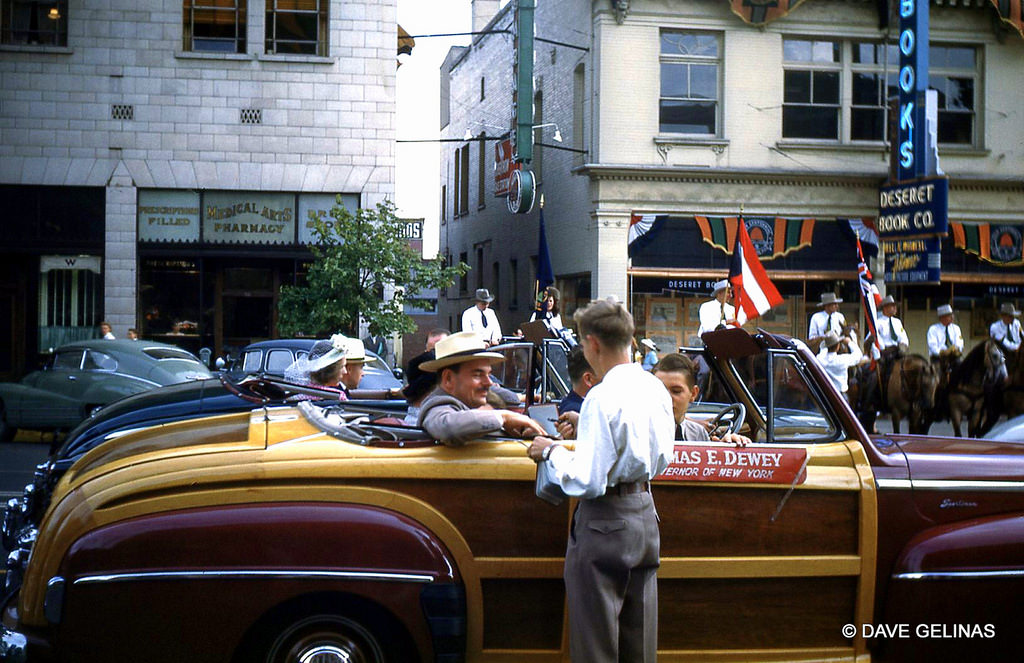 Governor Thomas E. Dewey in a 1948 Ford Sportsman Woody, a Presidential Campaign Parade Car, during the 1948 Utah Centennial Parade, 1948