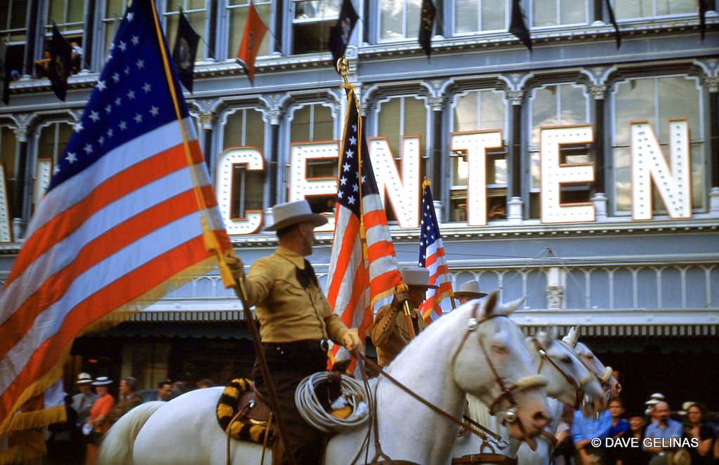 Horse in the 1948 Utah Centennial Parade with American Flags, 1948