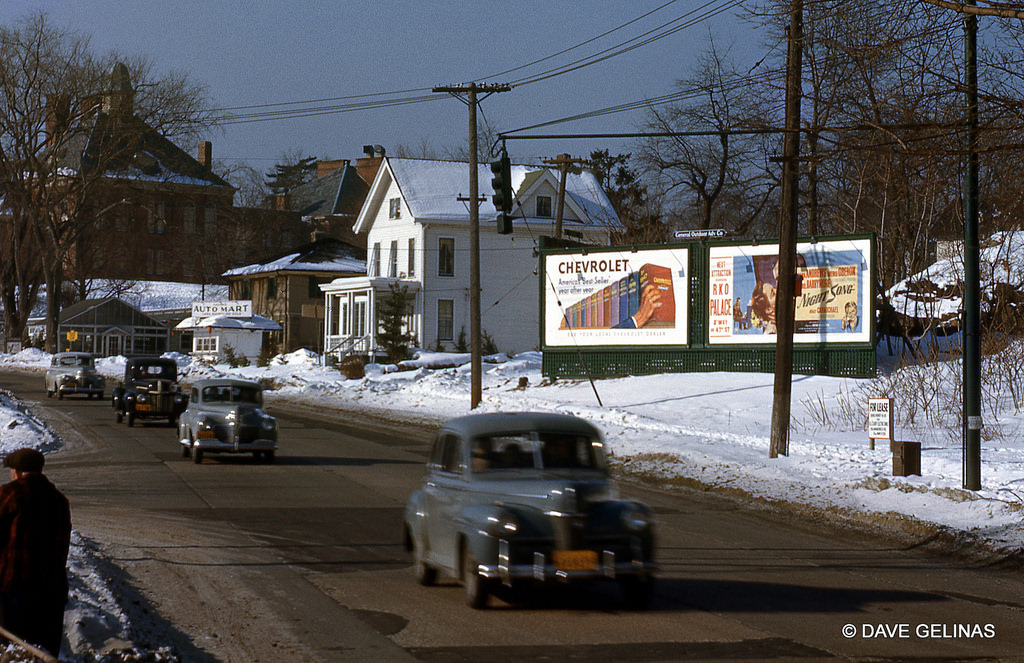 Street Scene with Chevrolet and RKO Palace Theatre NYC Billboard Signs, 1948
