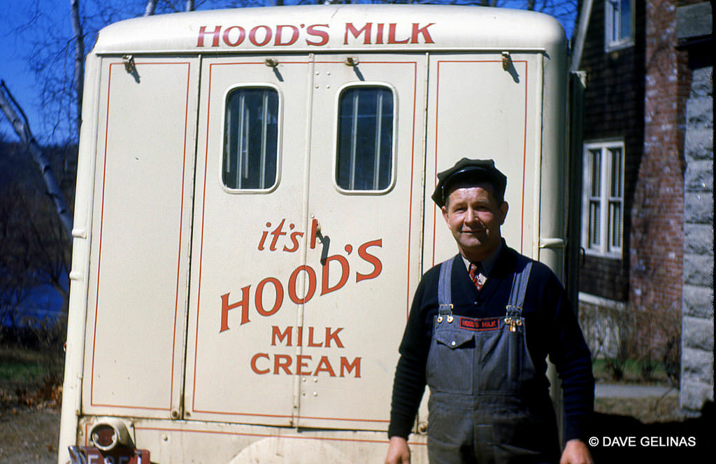 Hood's Milk Truck and Devco Van with a milkman, 1949