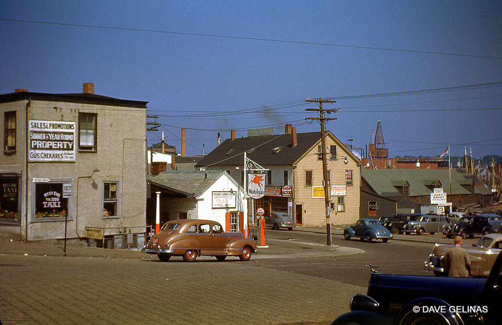 Mobil Gas Station on a Cobble Stone Street, Route 127 in Massachusetts, with vintage autos including a Packard Car, 1949