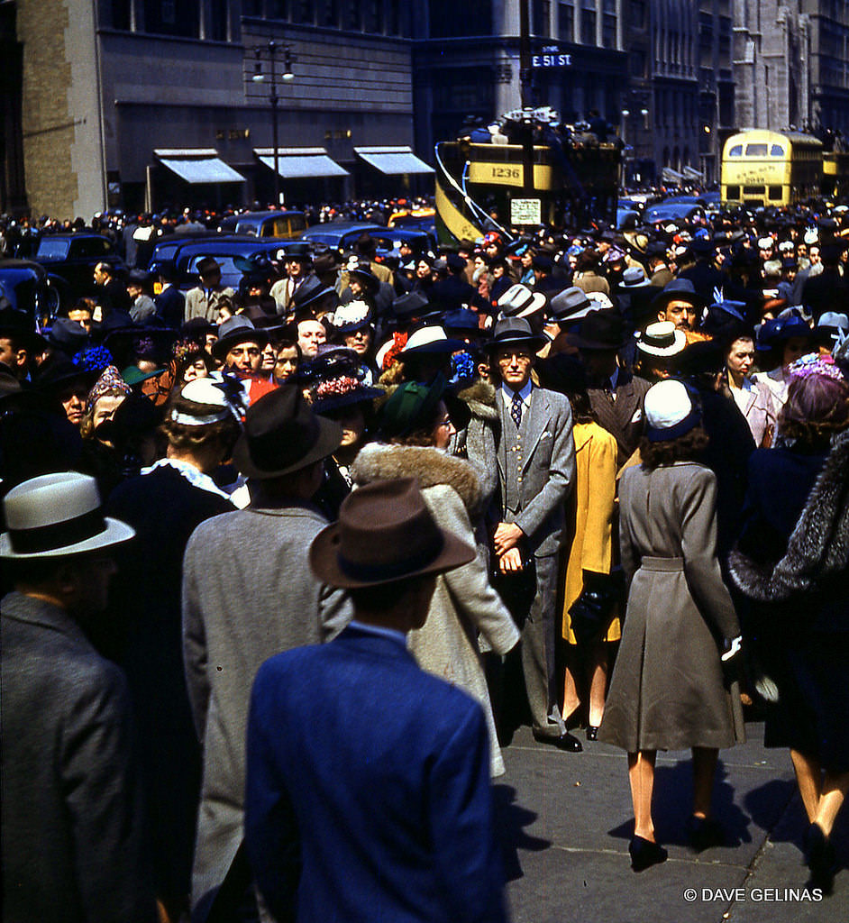 "A Stand Out In The Crowd," New York City Street Scene at 5th Ave & E 51st St, 1940s