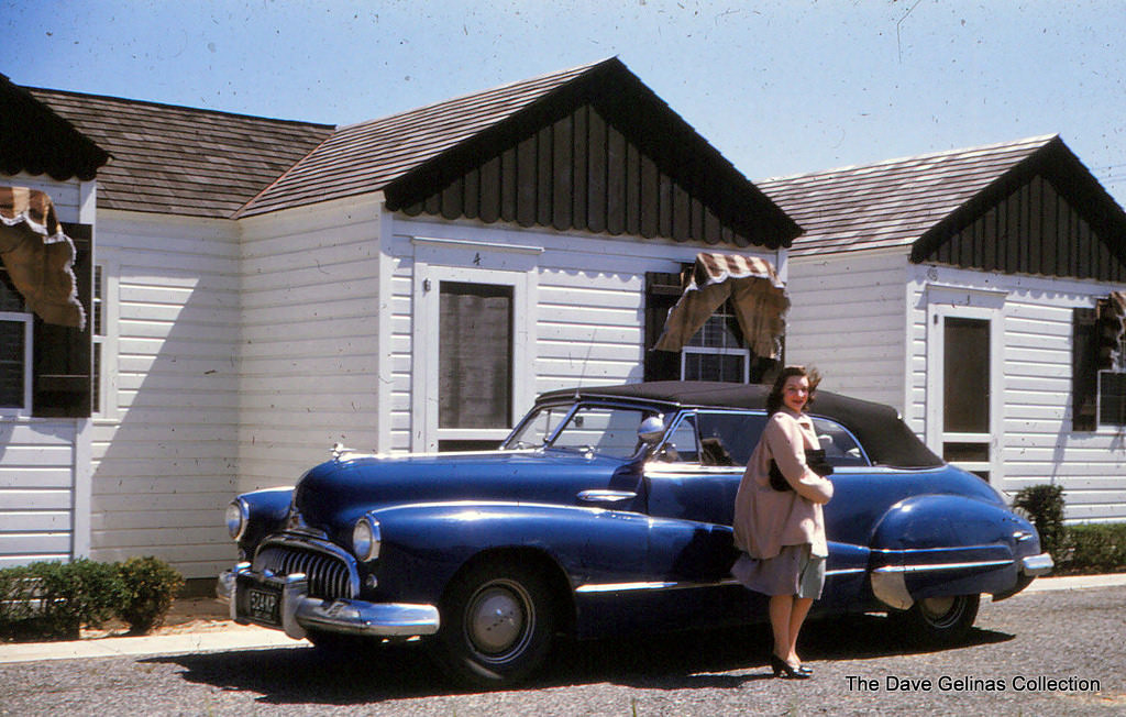 1948 Buick in a driveway scene, Atlantic City, New Jersey, 1940s