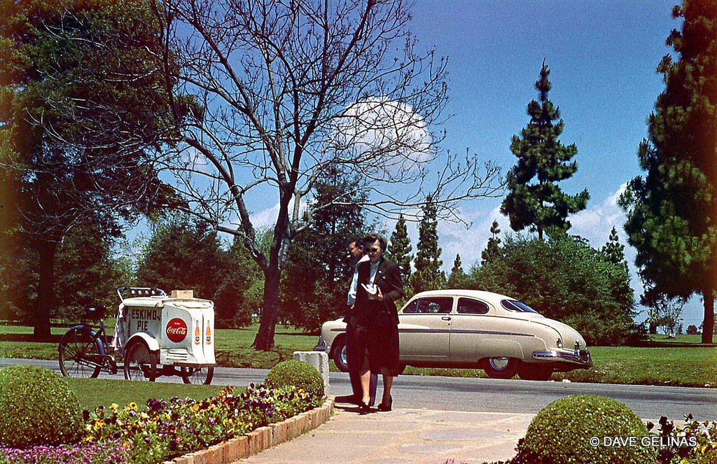 Eskimo Pie Ice Cream Vendors Cart, Coca Cola, Mission Orange, and a 1949 Mercury, unknown location and date