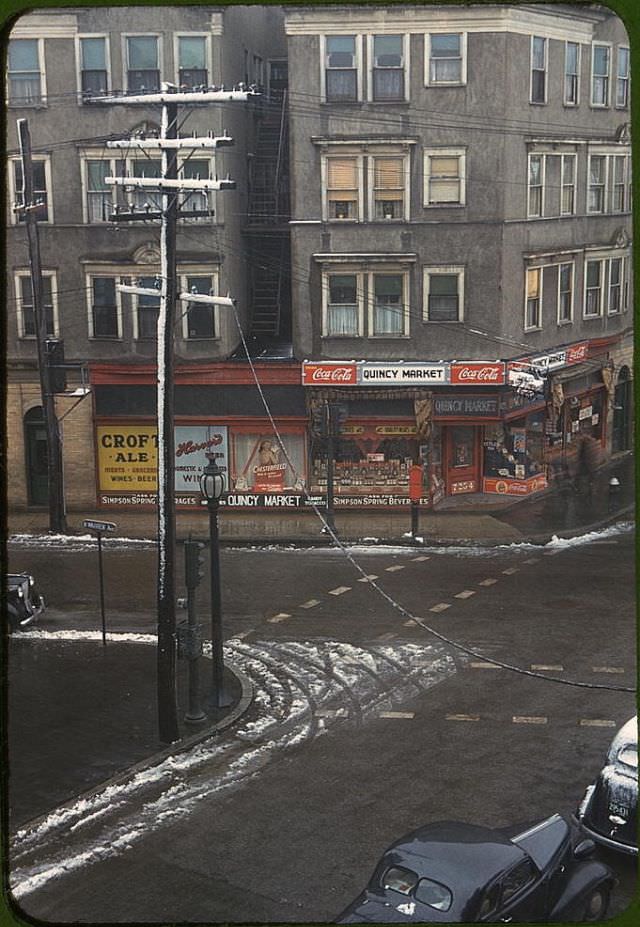 Quincy Market at the street corner, Brockton, Massachusetts, 1940s