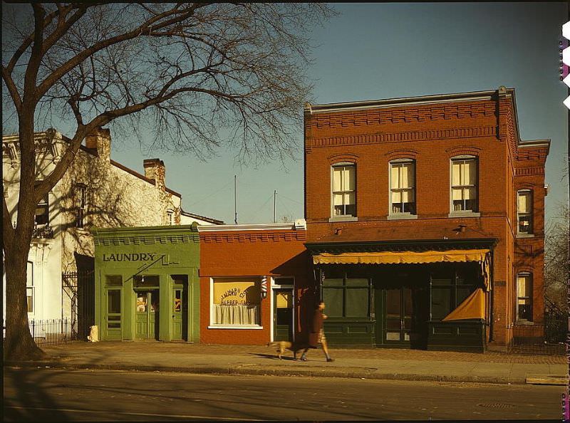 Laundry, barbershop and stores, Washington, D.C., 1940s