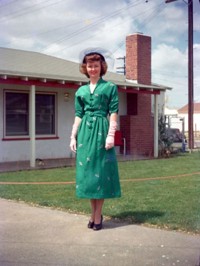Young woman in Easter fashion at 9661 Lev Avenue, Los Angeles, CA, 1947