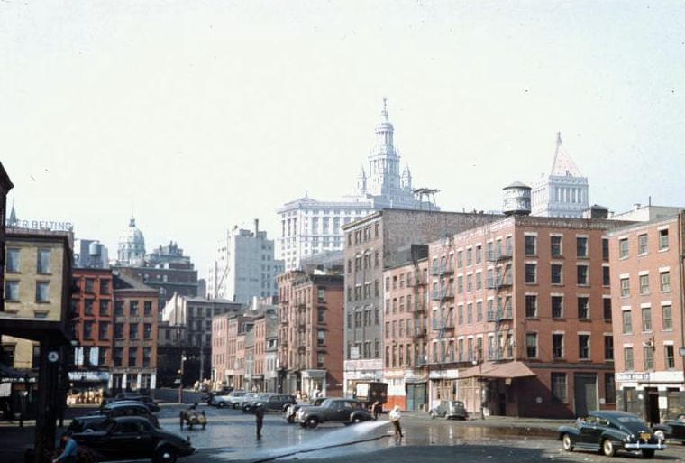 Looking up Fulton St. from South St., New York City, 1941