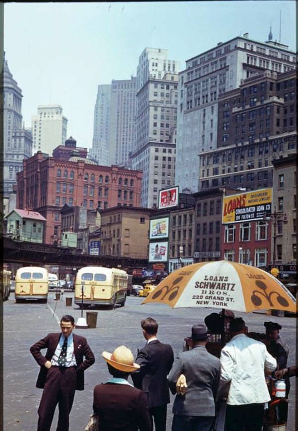 Looking up into Financial District from South Ferry, Wall Street, New York City, 1941