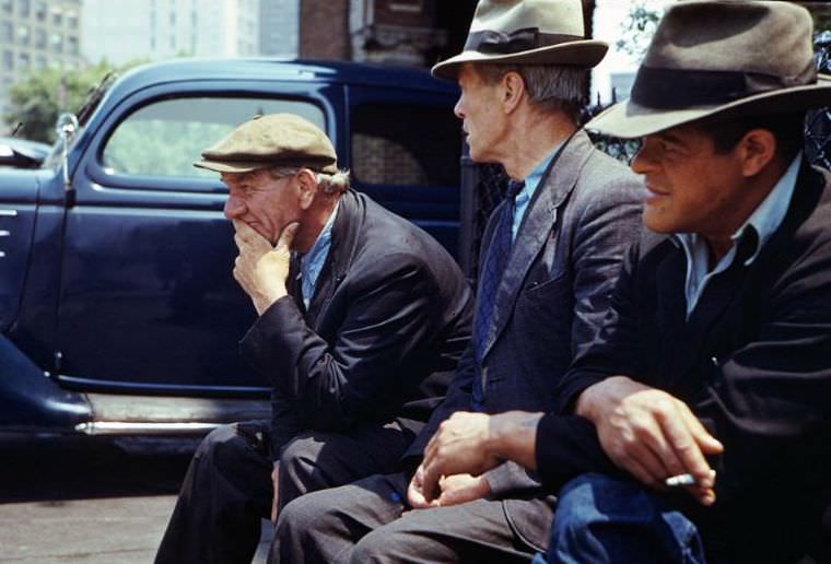 Three bums from South Ferry flophouses at Battery Park, New York City, 1941