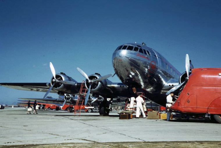 TWA Stratoliner refuels at Chicago airport, Chicago, Illinois, 1941