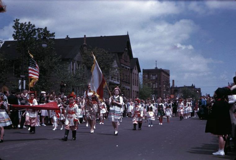 Polish-American parade west bound on Augusta Blvd., Chicago, Illinois, 1942
