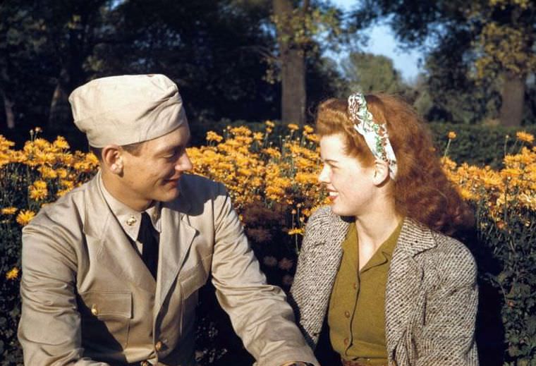 Couple in garden of Wooded Island, Chicago, Illinois, 1944