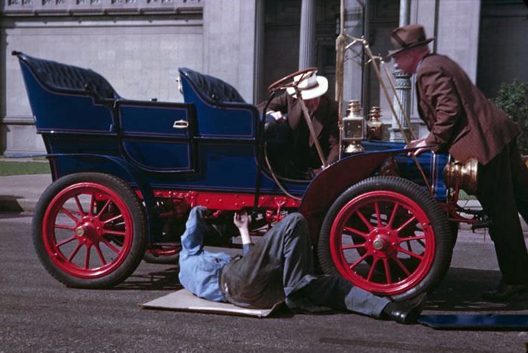 An early model Cadillac is groomed for 50th anniversary of auto-race, Chicago, Illinois, 1945
