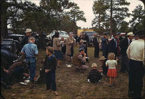 Crowd eating free barbeque dinner at the Pie Town, New Mexico Fair, 1940