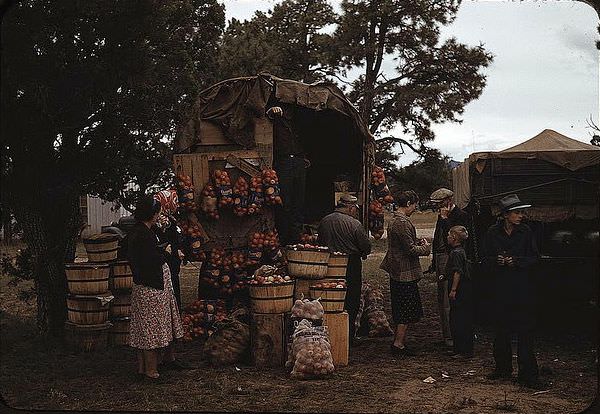 Fruit wagon at the Pie Town, New Mexico Fair; there is no fruit grown in this section and the people depend on outside truckers to bring it in, 1940