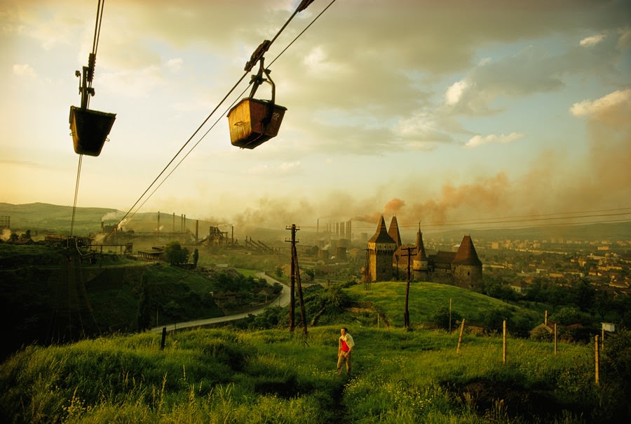 Buckets of iron ore being transported to a steelworks in Hunedoara, Romania, 1975